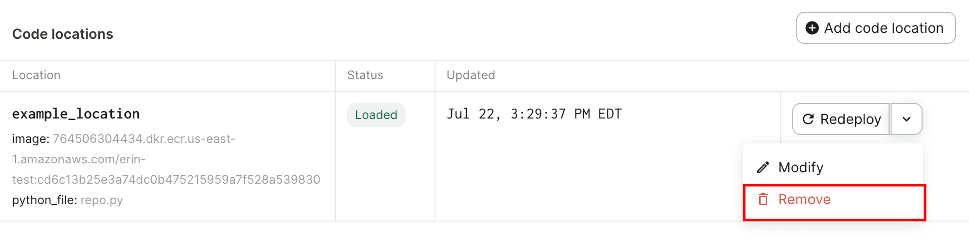 Highlighted Remove option in the dropdown menu next to a code location in Dagster Cloud